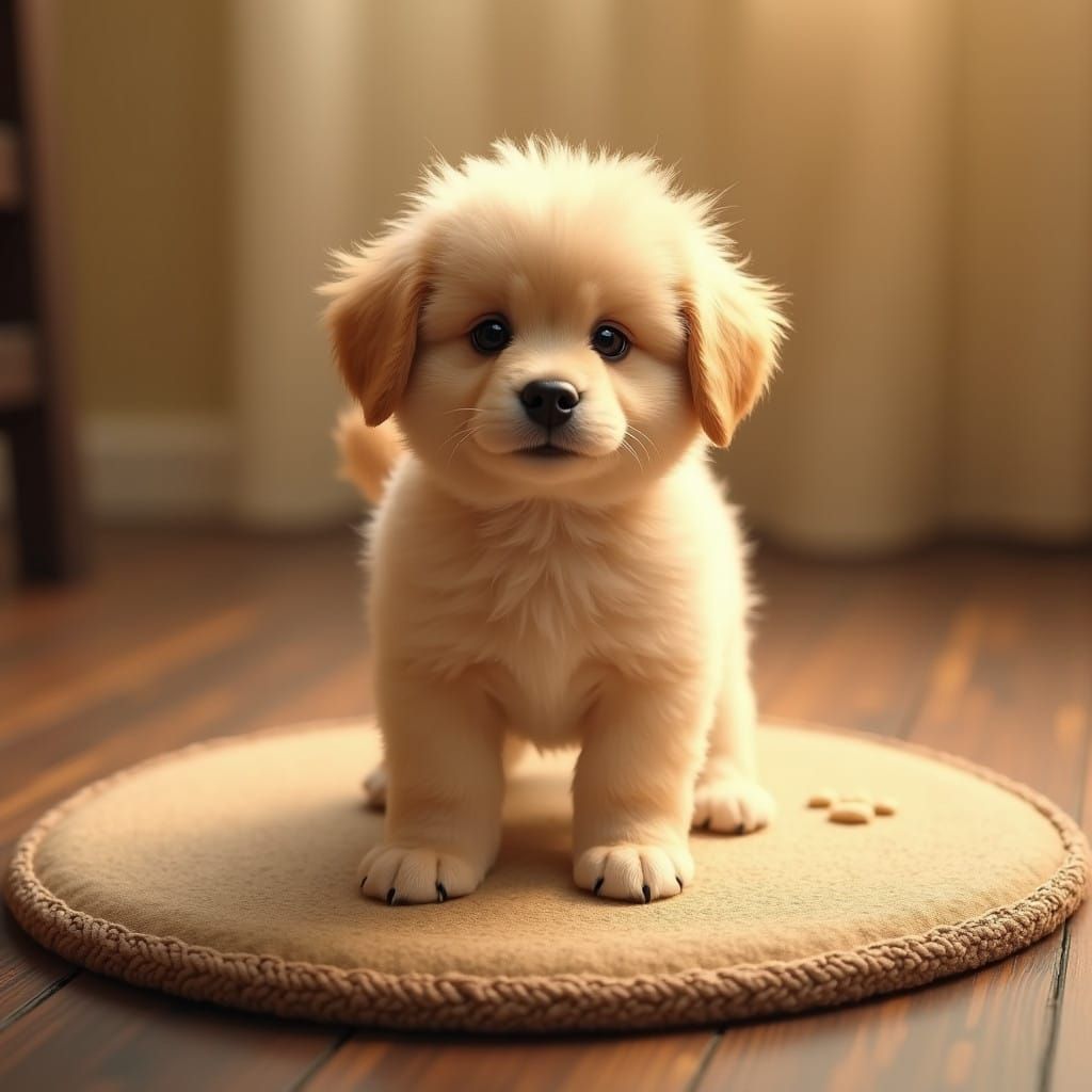 Surreal, Heartwarming Portrait of a Small Puppy in a Cozy In...