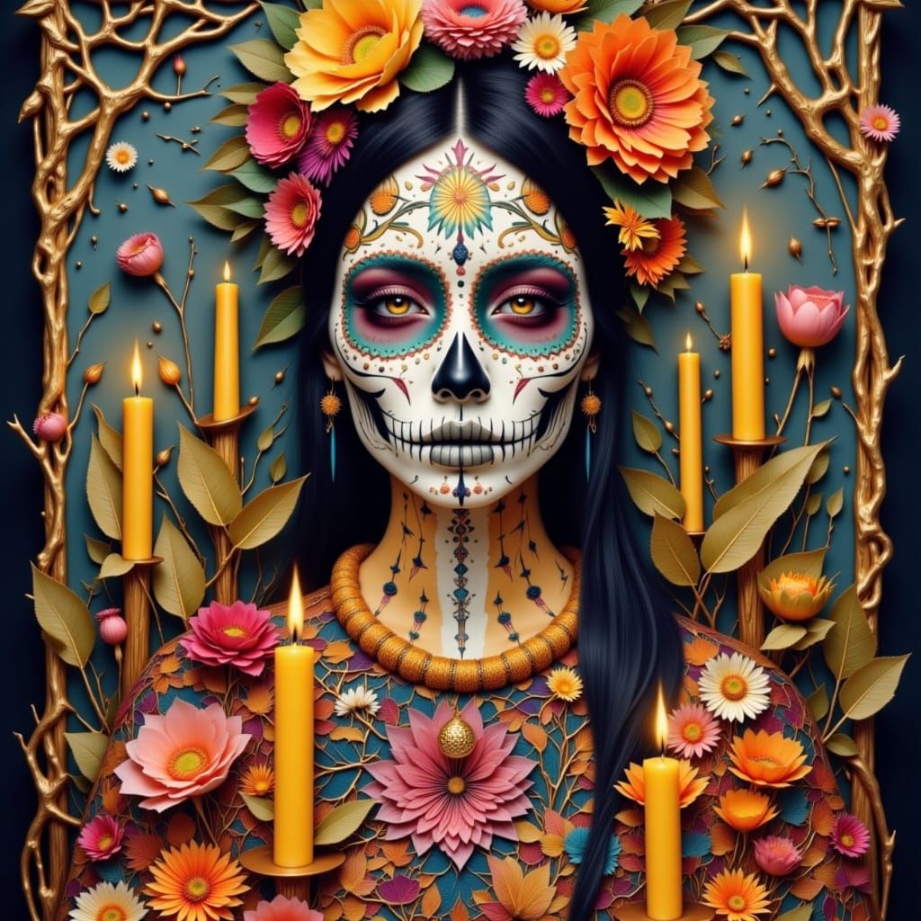 Sugar Skull Woman with Marigolds and Candles