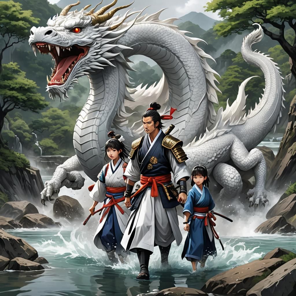 Samurai Encounter Dragon in Anime Style