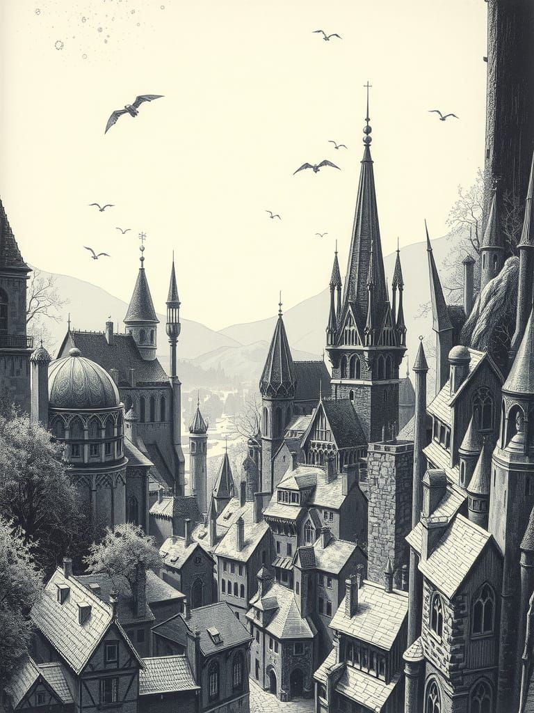 Fantastical Etching of a Monochromatic Cityscape