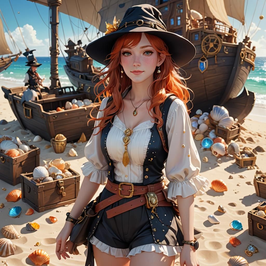 Freckled Witch Finds Treasure on Sunny Beach