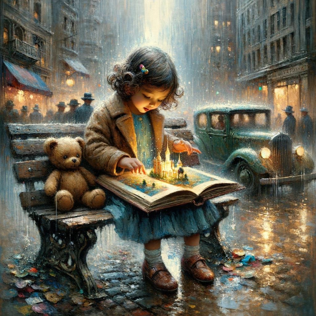 Girl Reads Magical Pop-Up Book in Rainy City