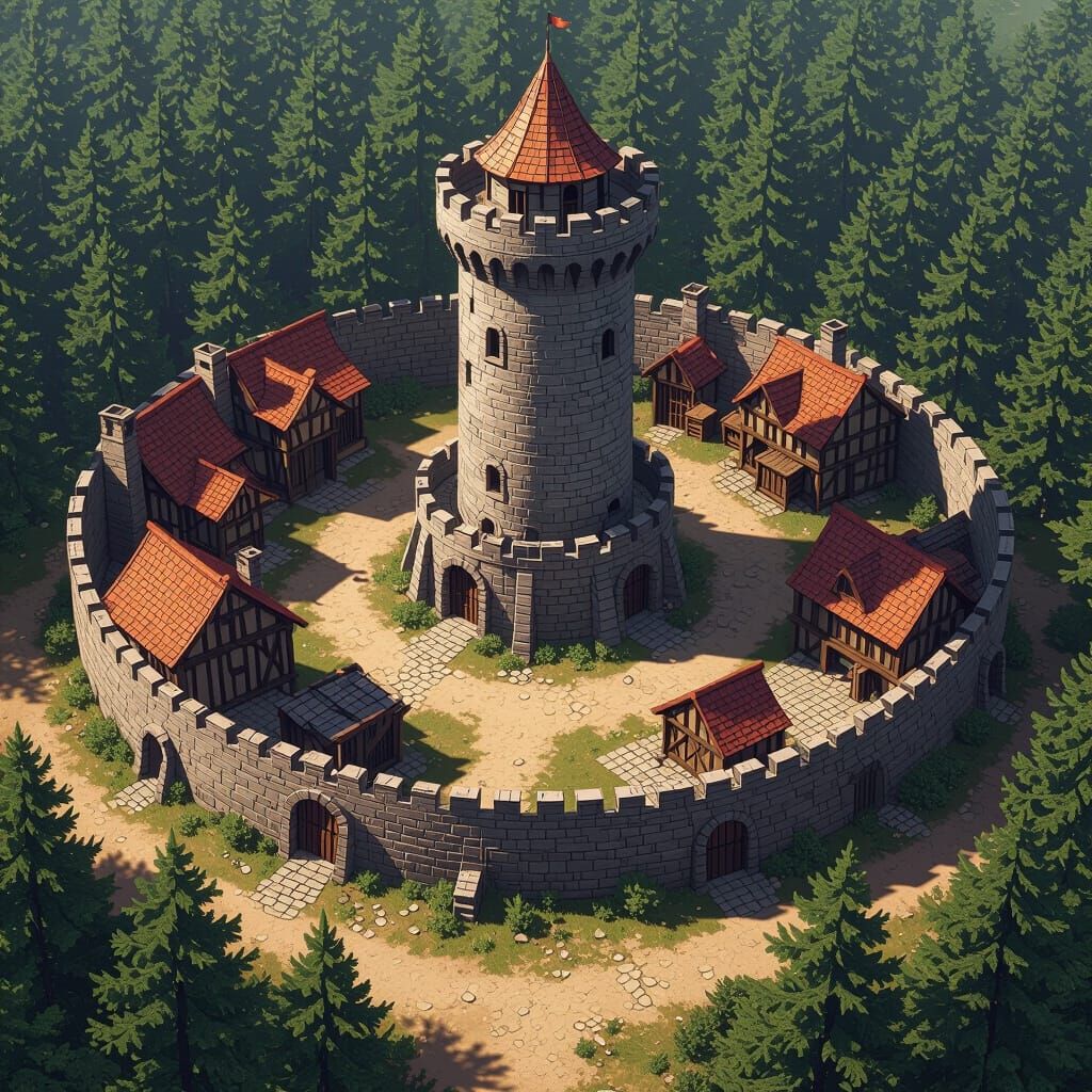 Detailed Medieval Castle in Forest Clearing