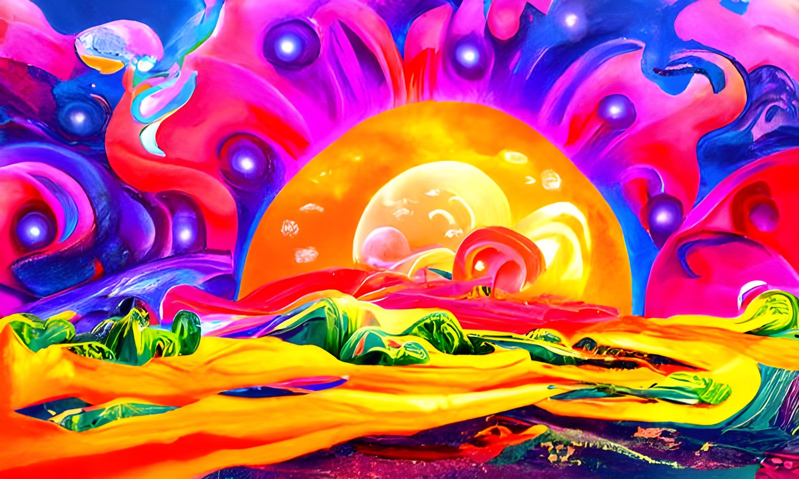 Psychedelic Sunset in Mixed Media Style