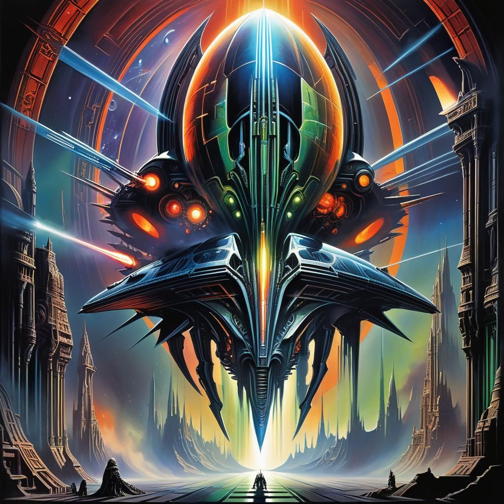 Bruce Pennington, Giger. Hyperdetailed Stained Glass Spaceship Firing Lasers. Glowing Planet.