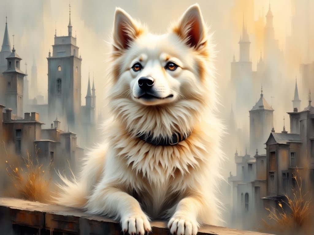 Surreal Impasto Oil Painting of an American Eskimo Dog in a ...