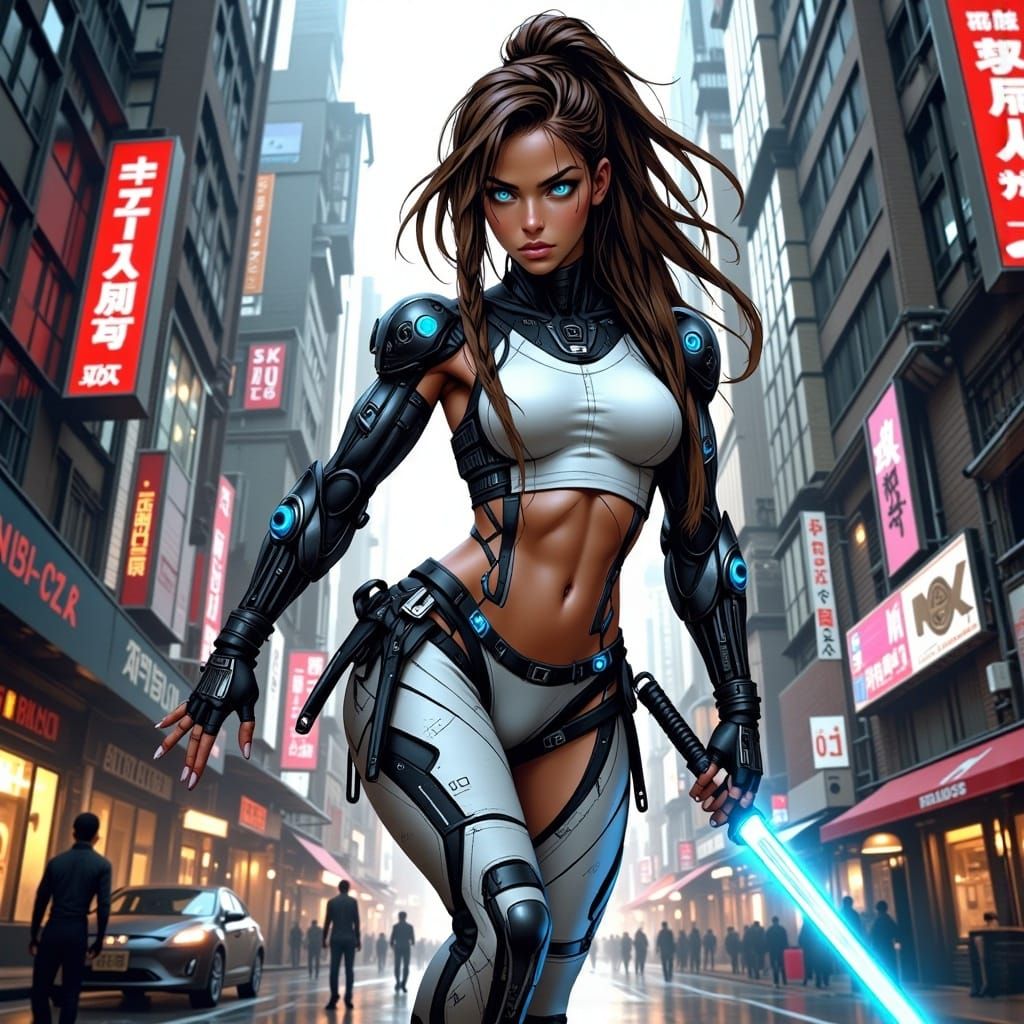 Cyber Samurai Woman in Futuristic Cityscape