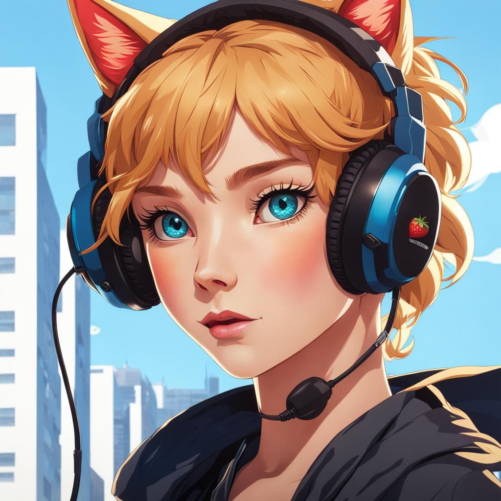 Strawberry Blonde Cat Girl with Headset and Gold Earrings