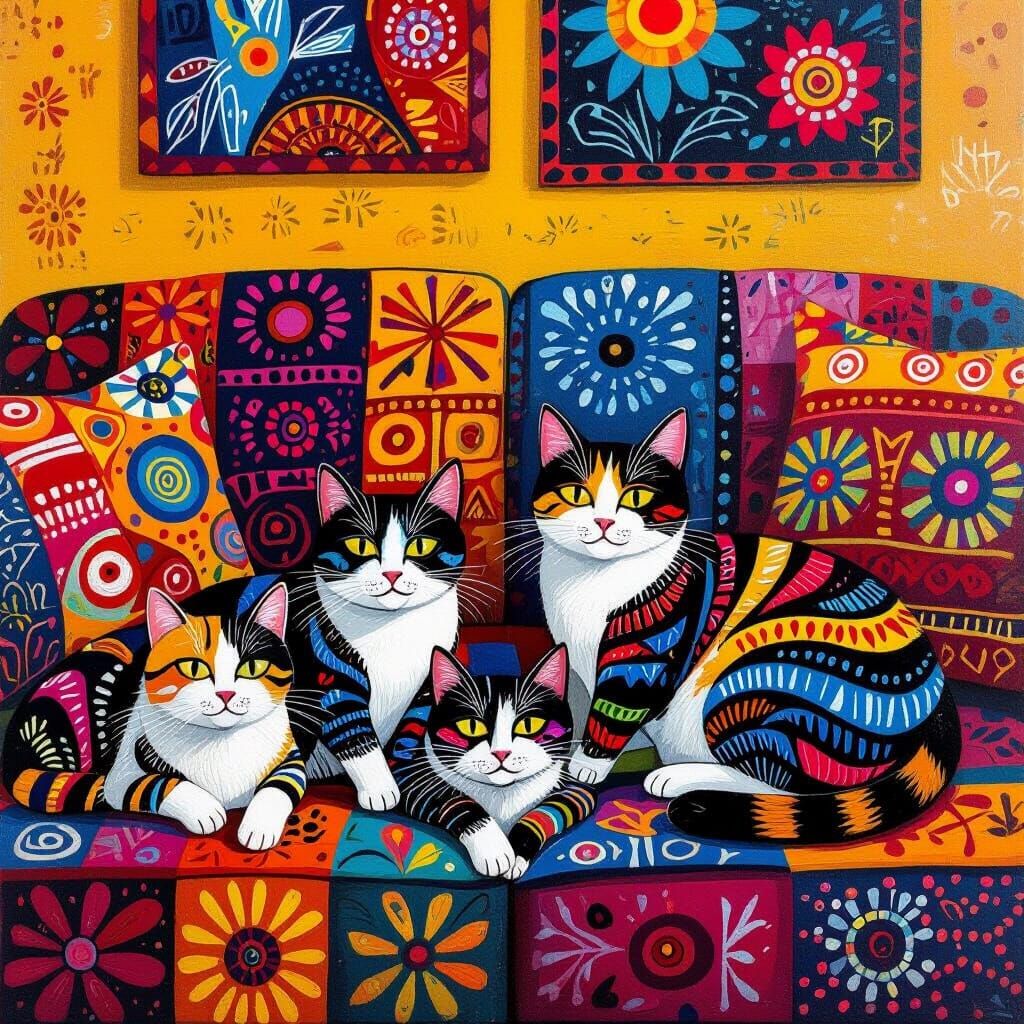 Cats with Aboriginal-Inspired Markings on Colorful Couch