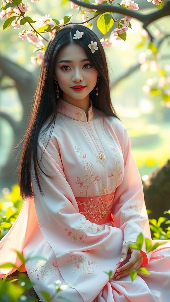 Serene Asian Woman in Traditional Hanfu Dress with Cherry Bl...