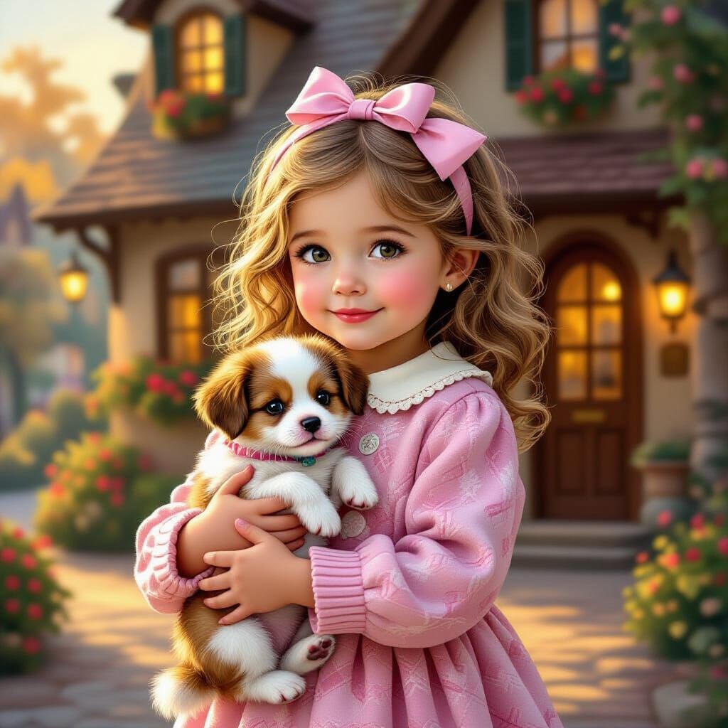 Girl with Pet in Golden Light: Romantic Art