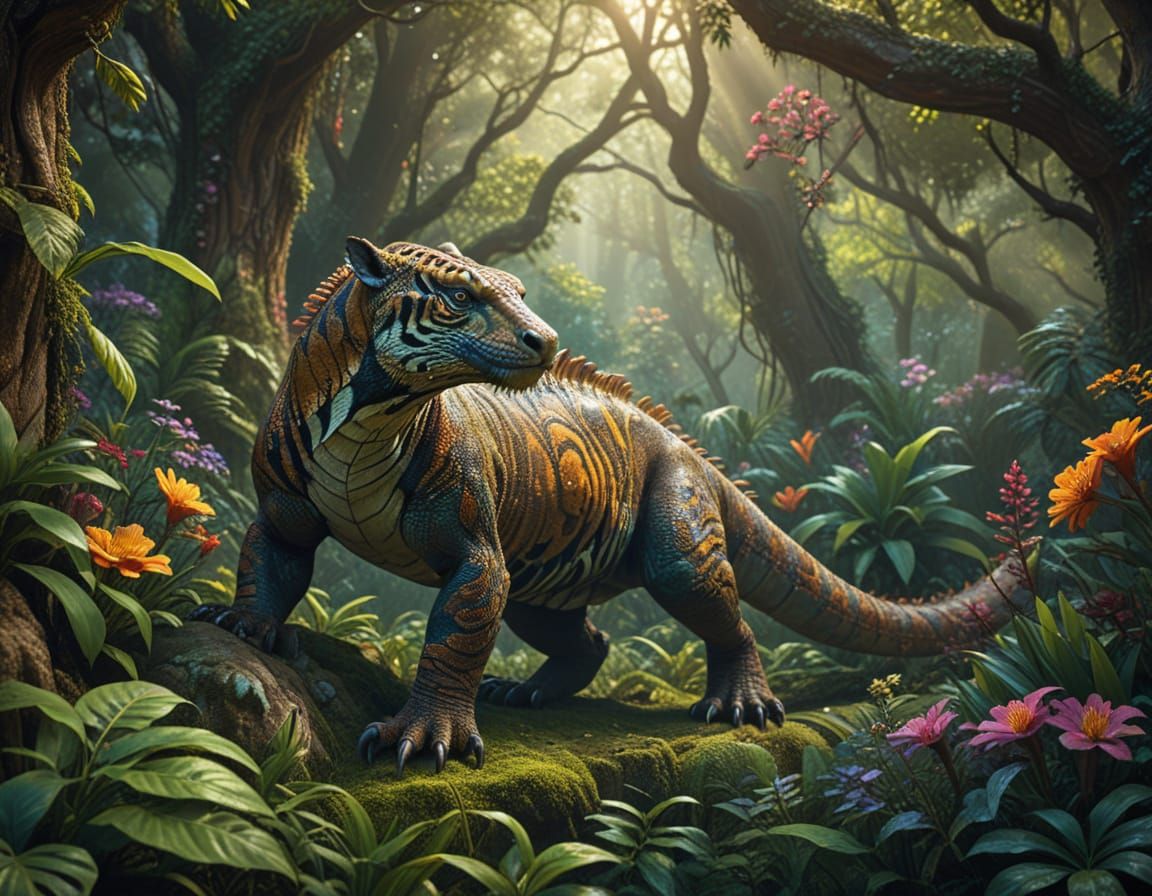 Surreal Tiger-Komodo Dragon Hybrid in Exotic Forest
