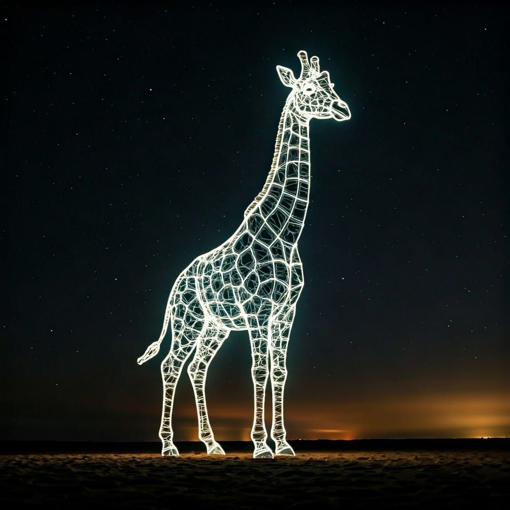 A solitary luminous white giraffe made of light strings stan...