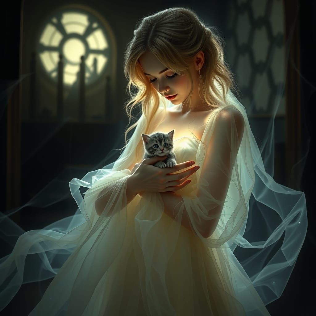 Ethereal Goddess Cradles Kitten in Haunted Mansion