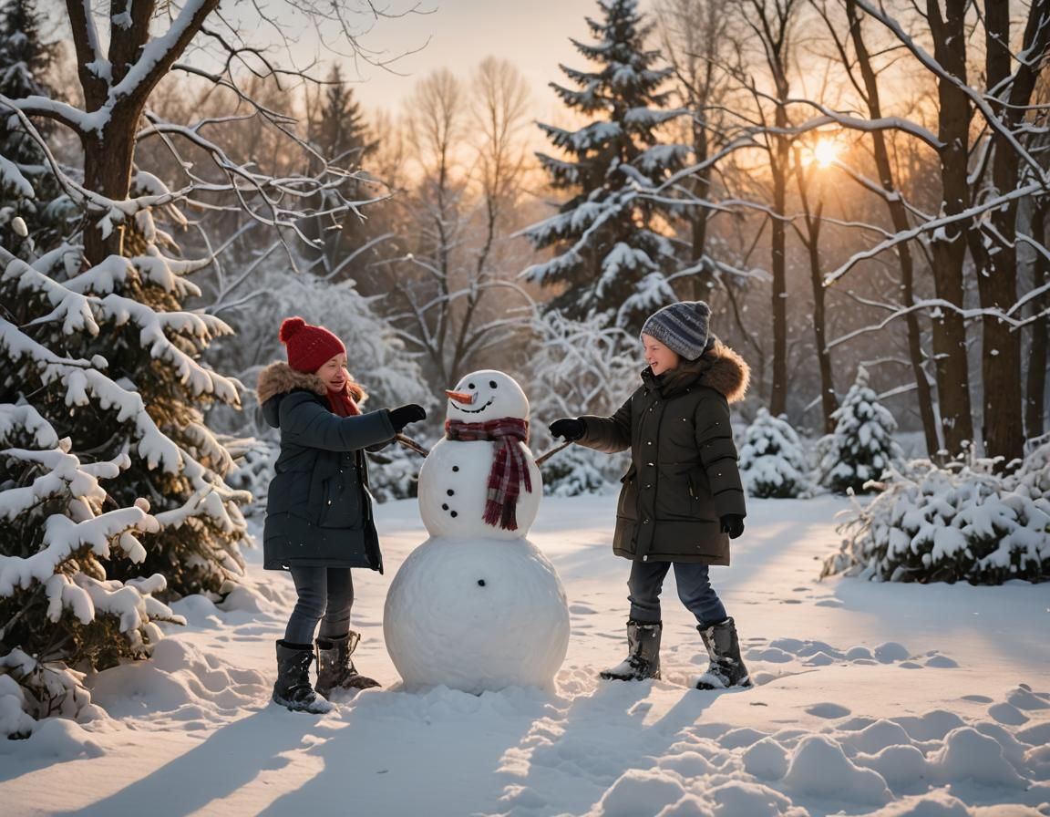 Children Building a Snowman at Sunset