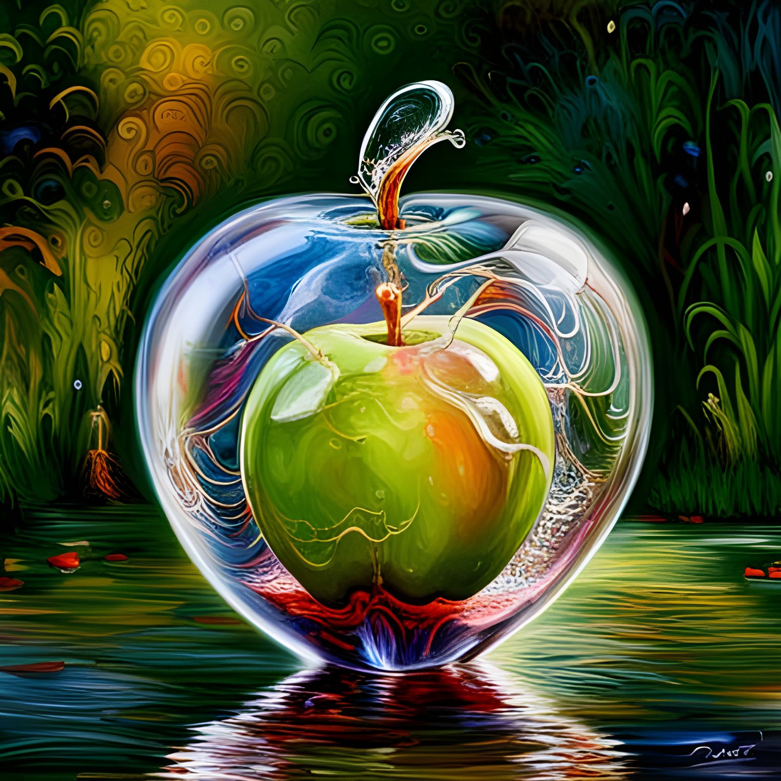 Crystal Apple Sculpture in Rainy Garden