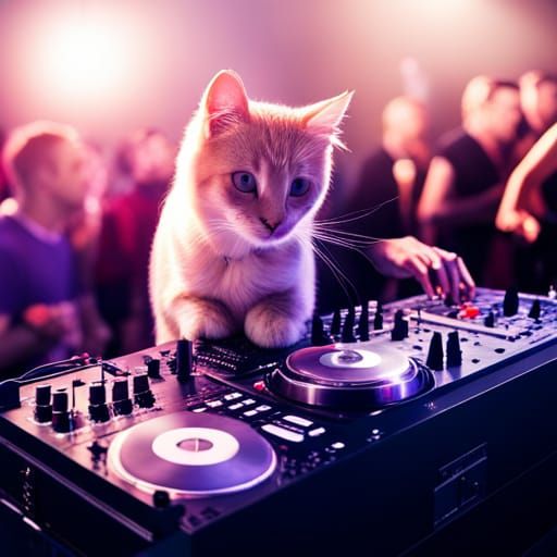 Hyperrealistic Cat DJ in Nightclub Scene