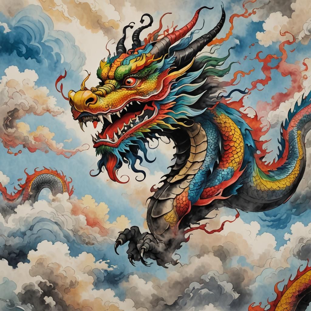 Colorful Dragon Dances in Chinese Ink Painting