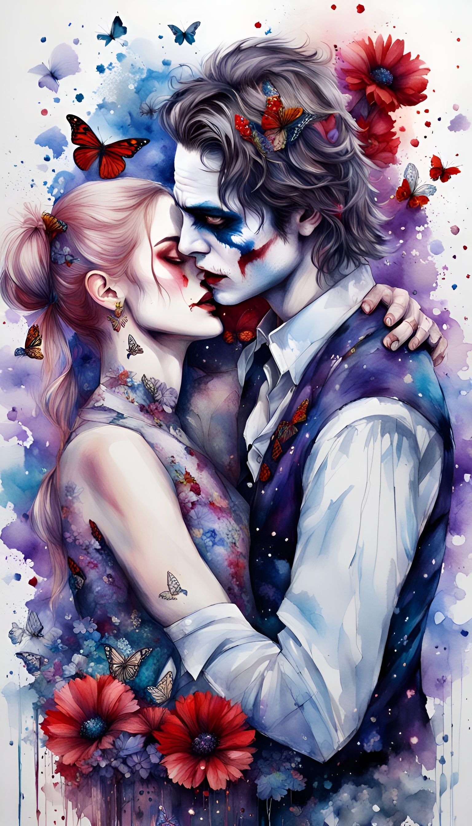Joker and Harley Quinn Embrace, Watercolour Art