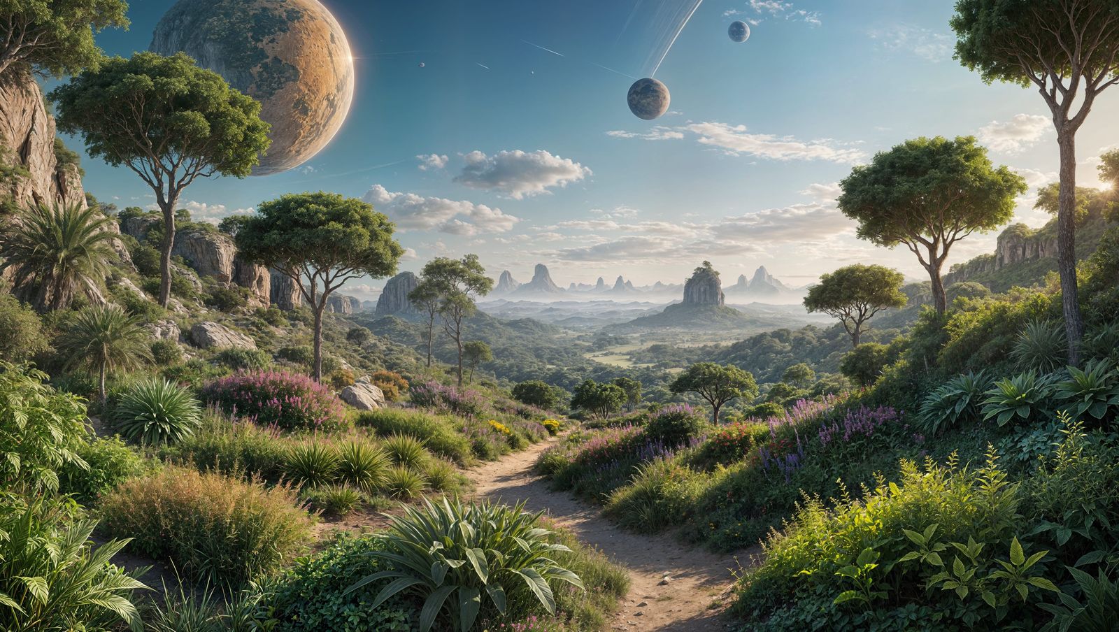 Colorful Alien Landscape with Two Planets