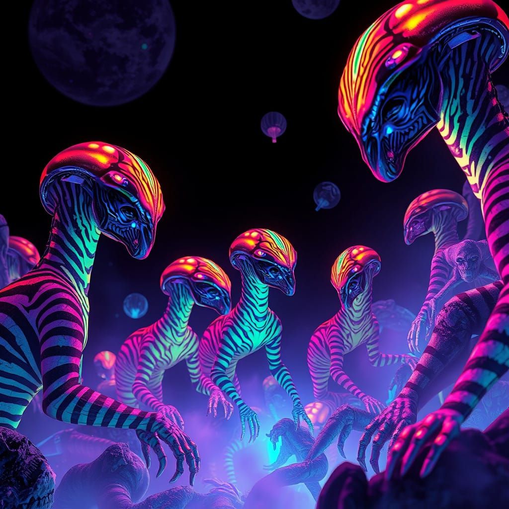 Ethereal Zebra-Striped Aliens in a Dreamlike Environment
