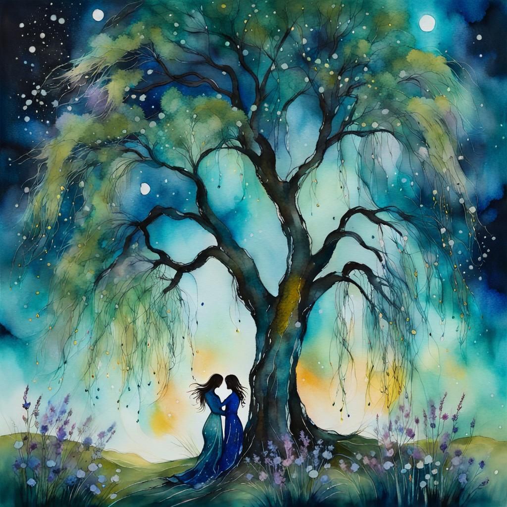 Ethereal Figures in Twilight Alcohol Ink Painting