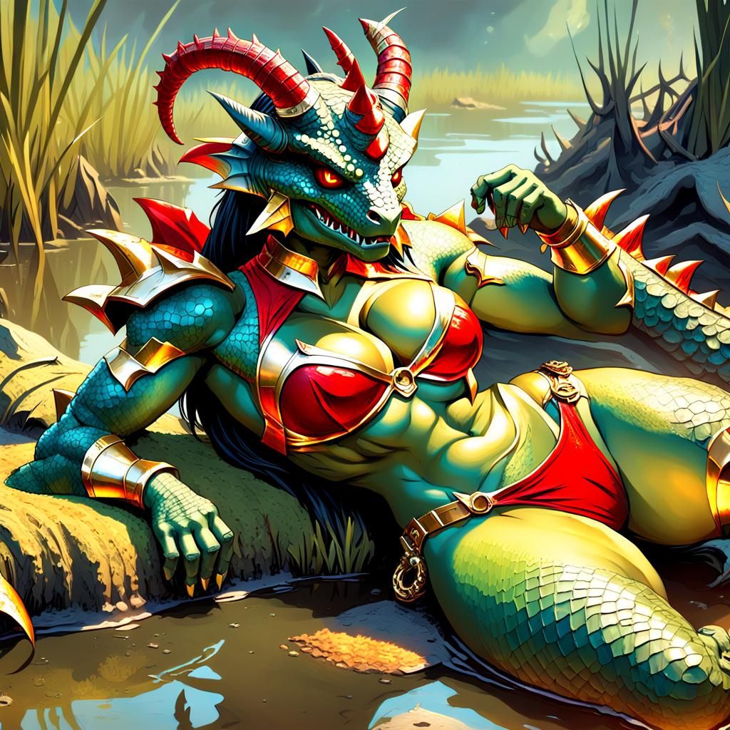 Muscular Lizard Woman in Gold Bikini Armor