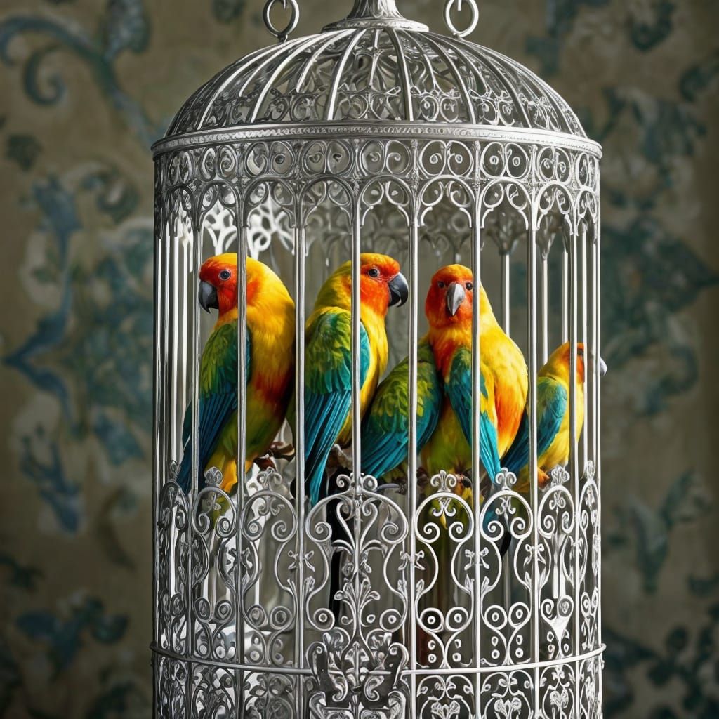 Silver Birdcage with Parakeets in Art Nouveau Rococo Style