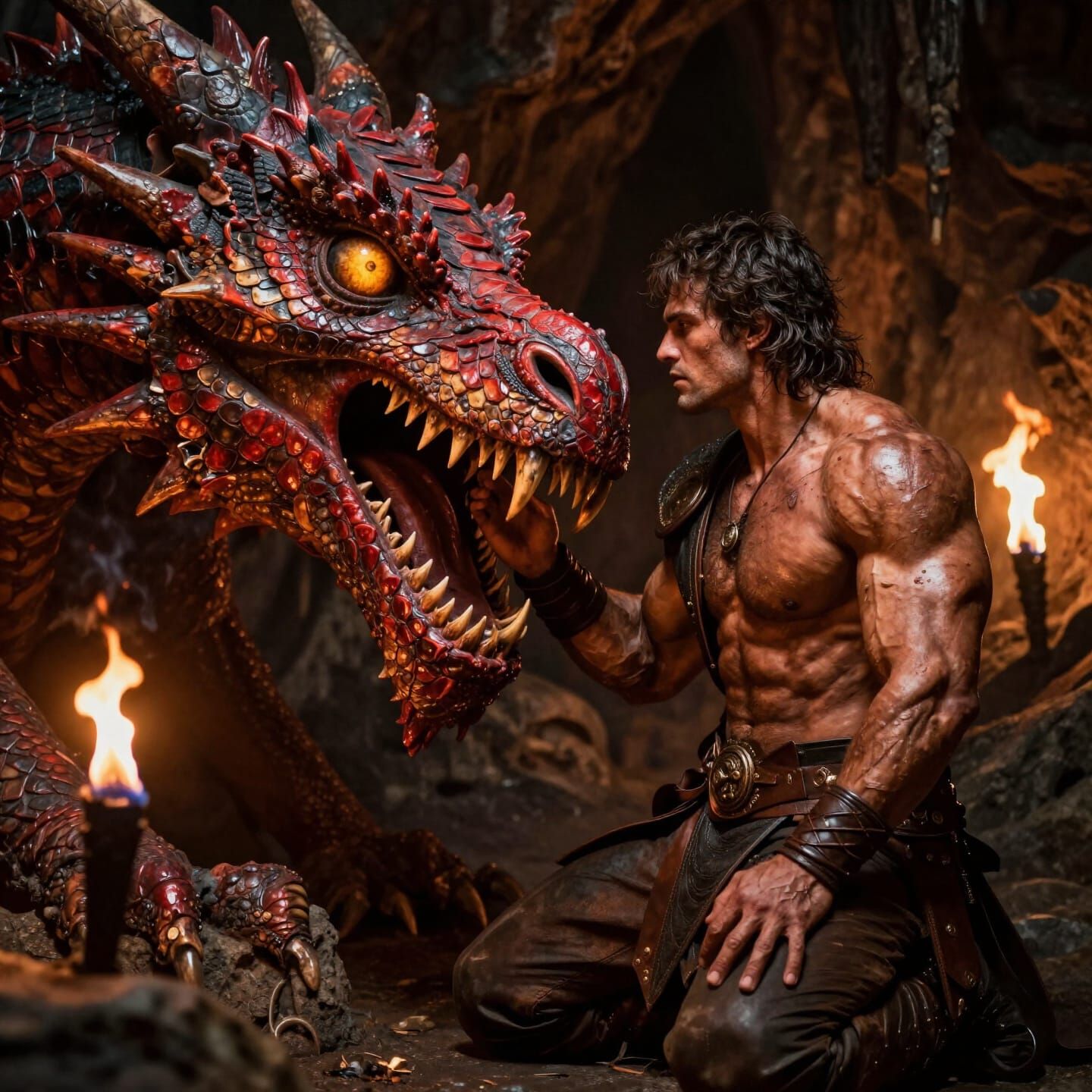 Warrior's Gentle Bond With Massive Dragon Head