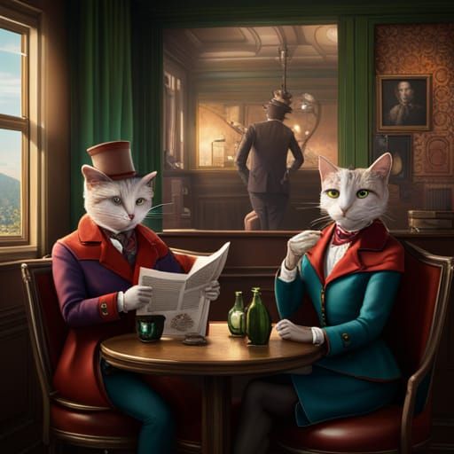 Fancy Cats Reading Newspaper in Coffee Shop