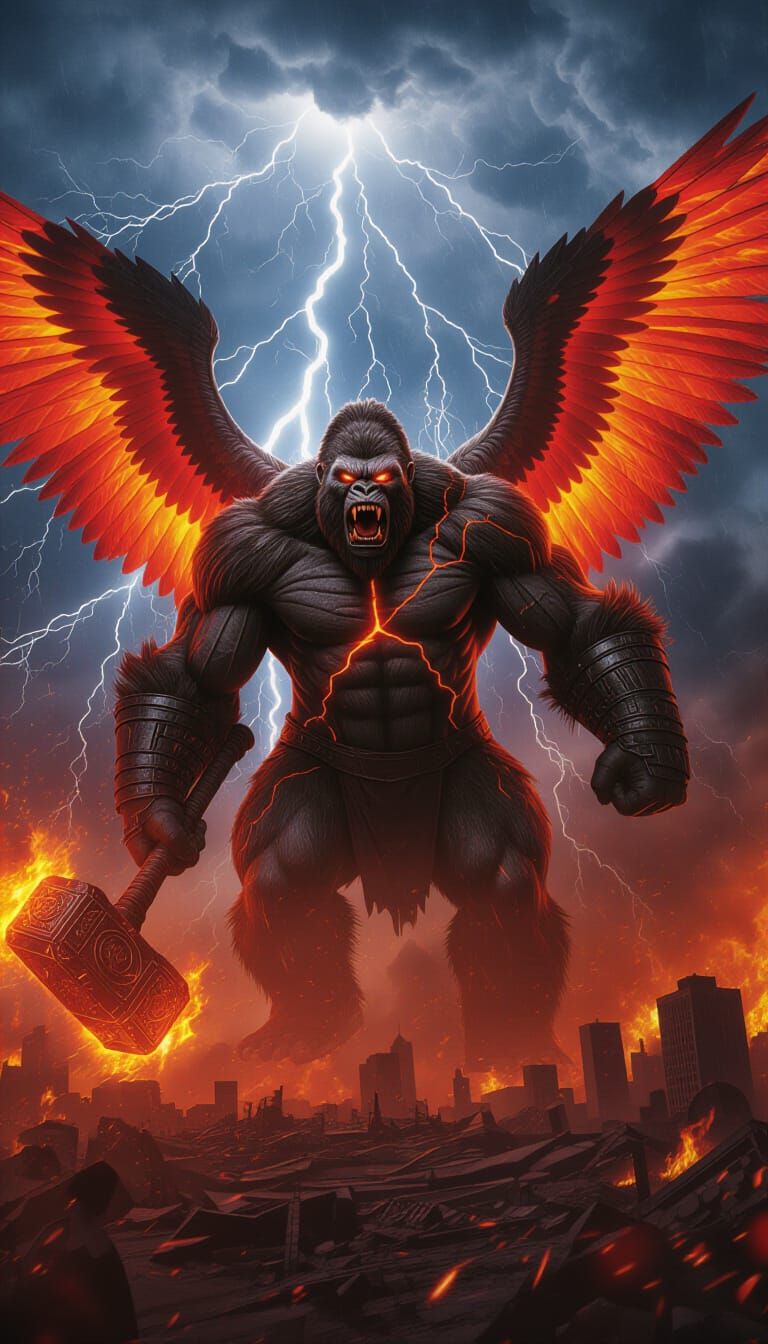 Apocalyptic Gorilla God-Beast Wields Fiery Hammer in Storm