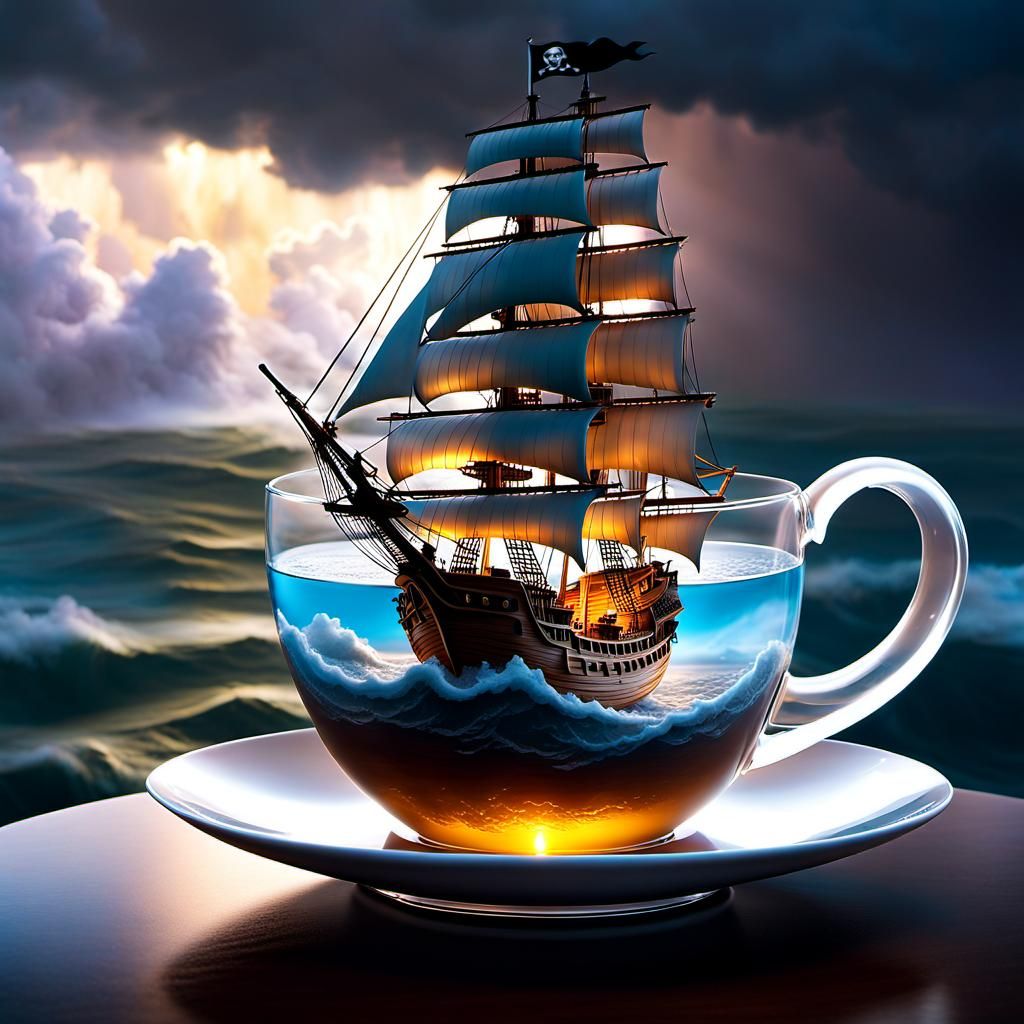 pirate ship in a raging thunderstorm inside a teacup