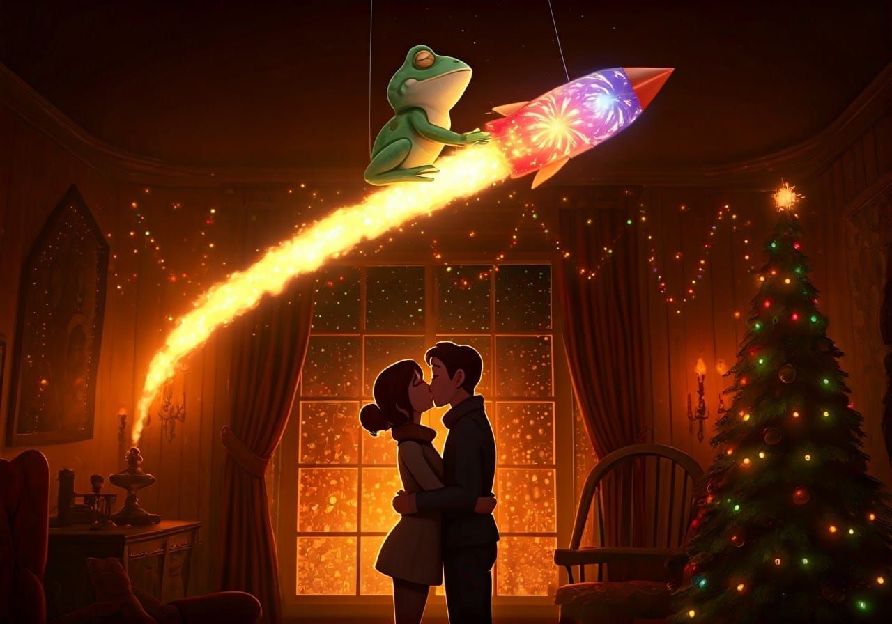 Romantic Christmas Embrace under Whimsical Missile Toad