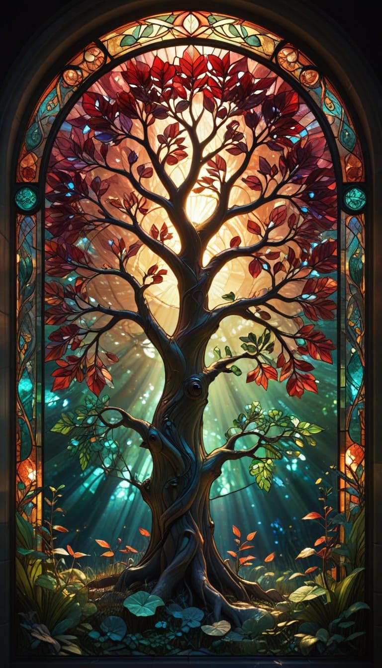 Surreal Stained Glass Tree of Life Radiates Vibrant Colors