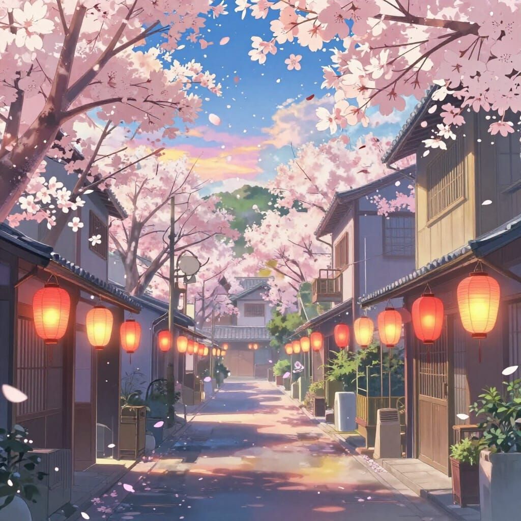 Anime World with Cherry Blossoms and Glowing Lanterns