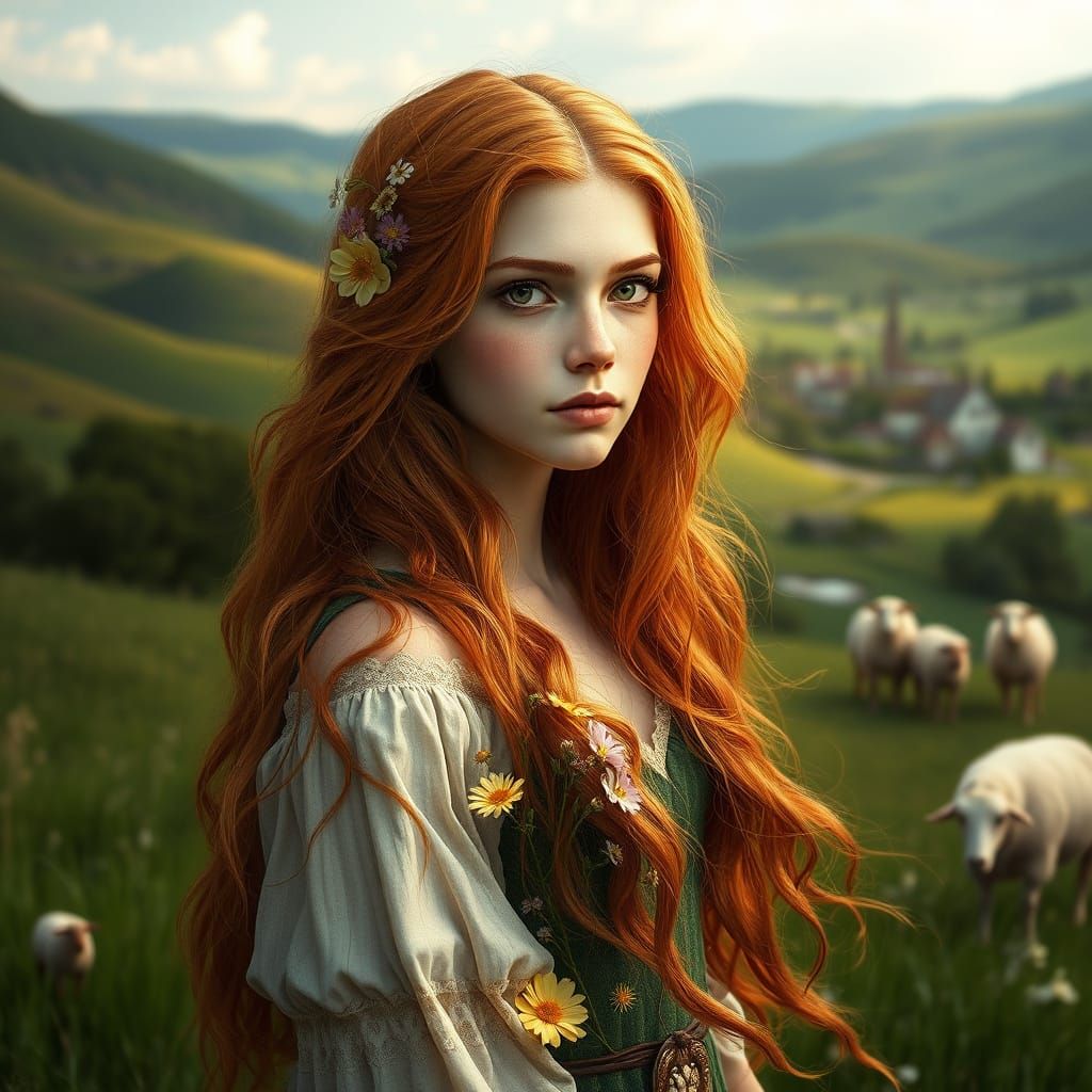 Irish Maiden in Meadow: Pre-Raphaelite Style