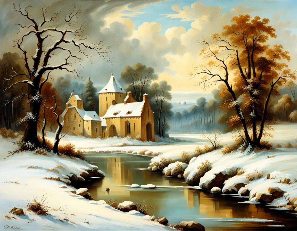 Winter Riverscape in Rembrandt Style