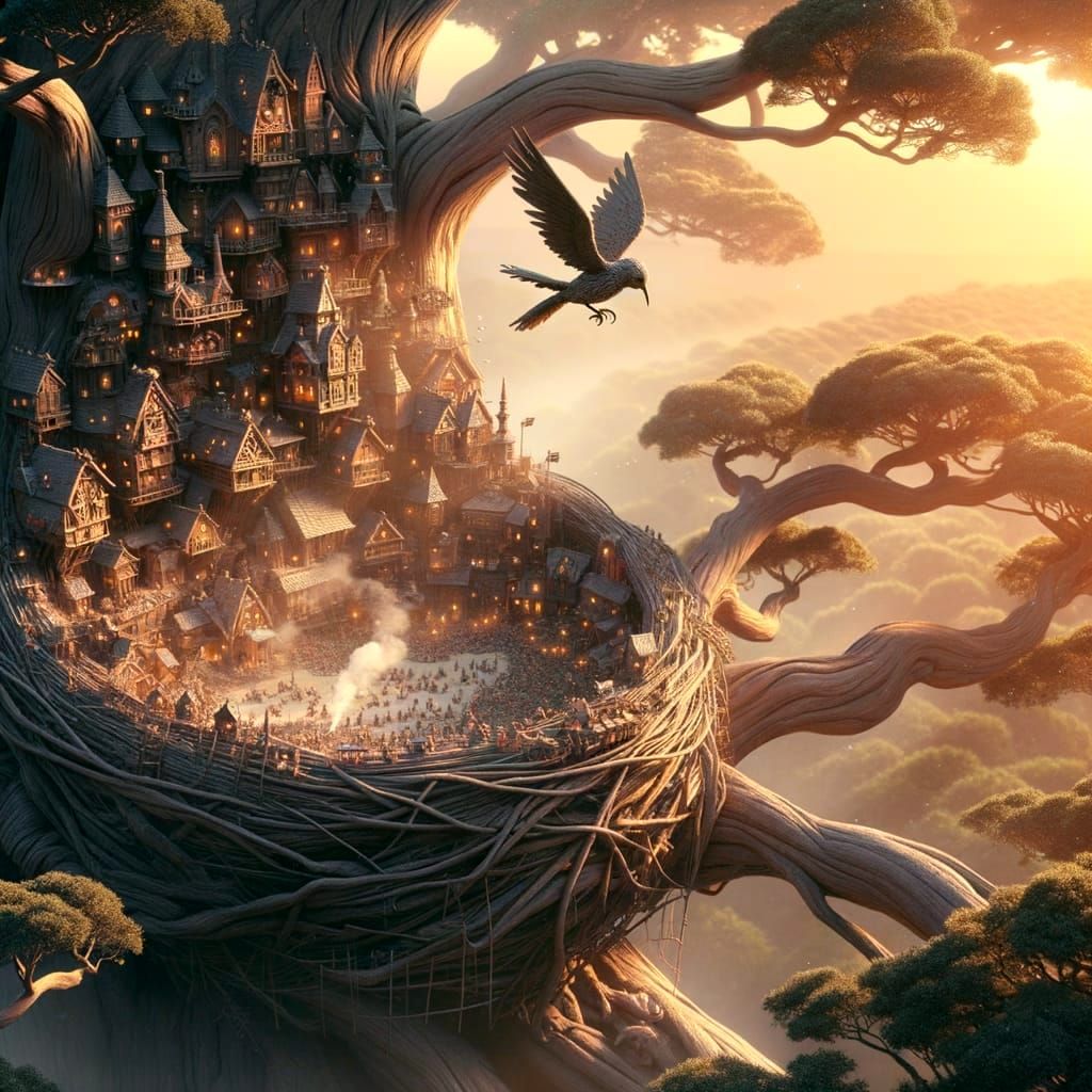 Miniature City in Bird's Nest, Hyperrealistic Animation