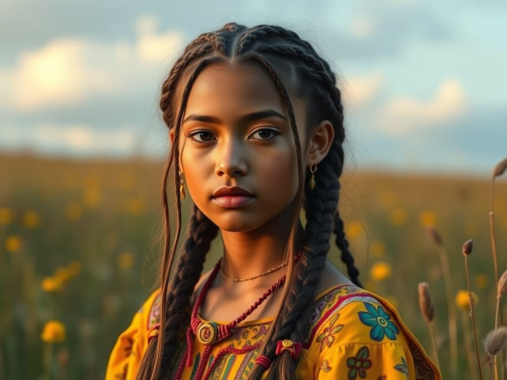 Young Woman in Meadow: Digital Art Portrait