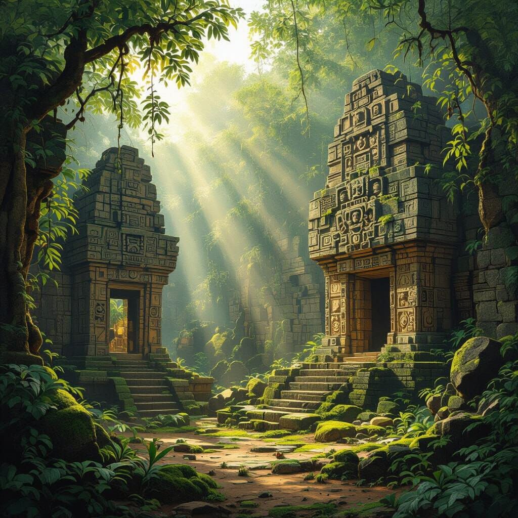 Ancient Mayan Ruins in Sun-Dappled Jungle, Tuscan Accents