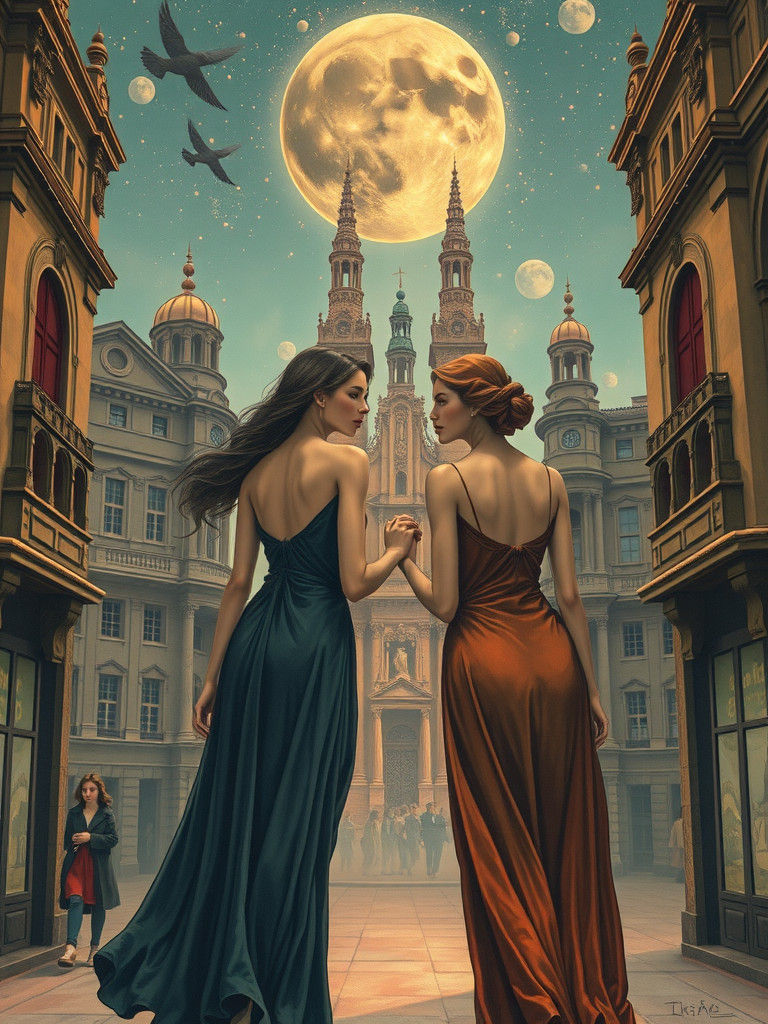 Gemini Women Stroll Through Retrofuturistic City