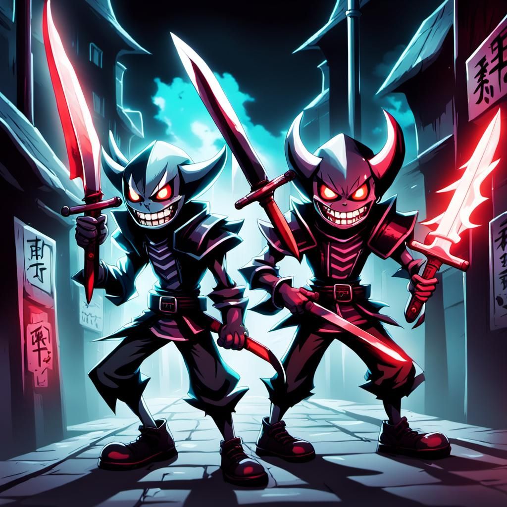 Fiends Trade Knife and Fork in Cel-Shaded Anime Style