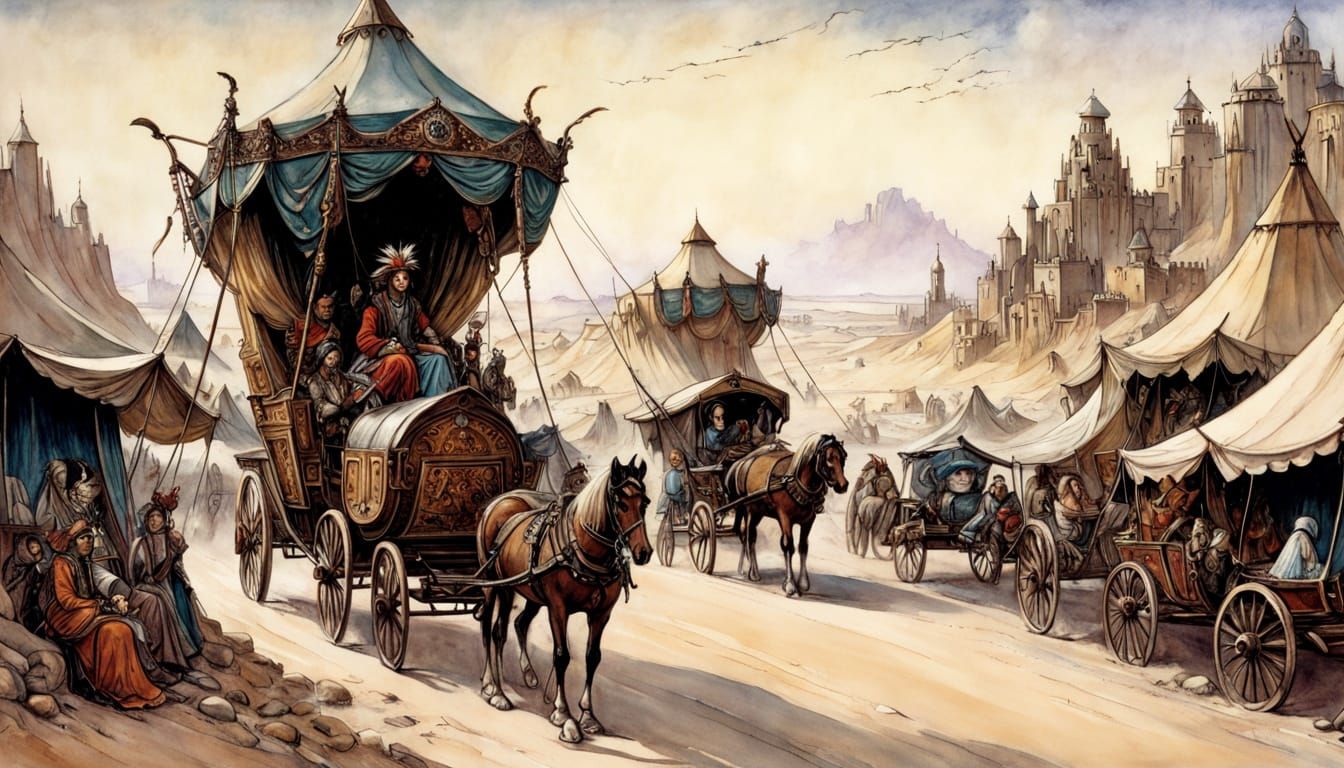 Nomadic Caravan City on Desert Road