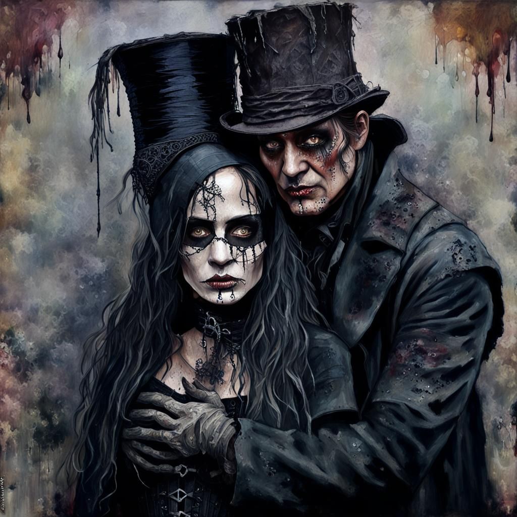 dark man, hugging beautiful gothic woman, in black corset, h...