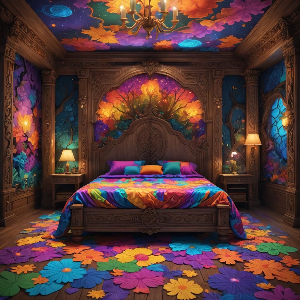 King Waterbed with Psychedelic Sheets in Detailed Matte Pain...