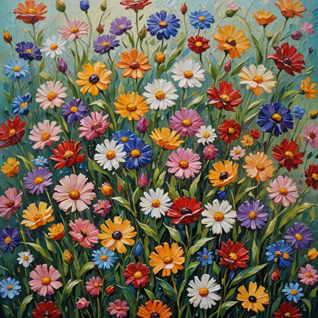 Neo-Impressionist Flowers in Expressionist Oil Painting