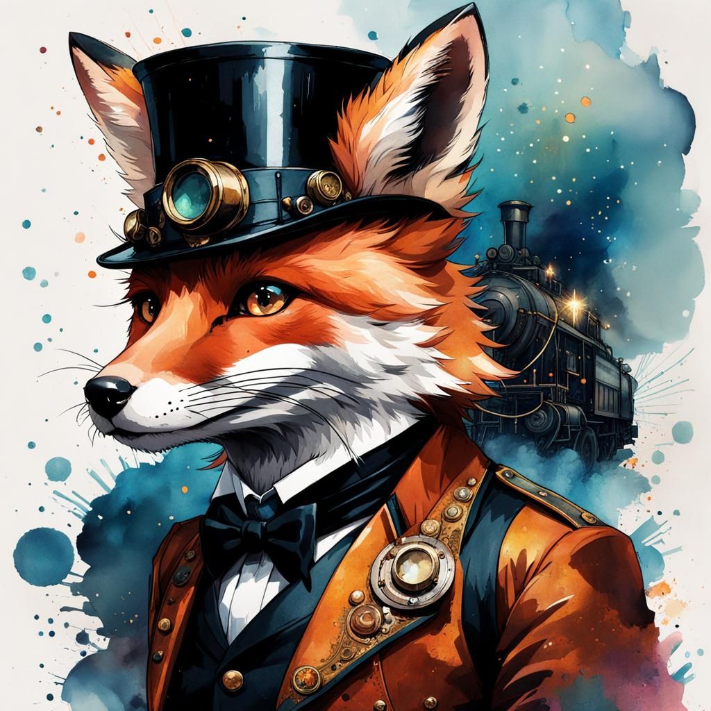 Steampunk Anime Fox Train Conductor in Watercolour