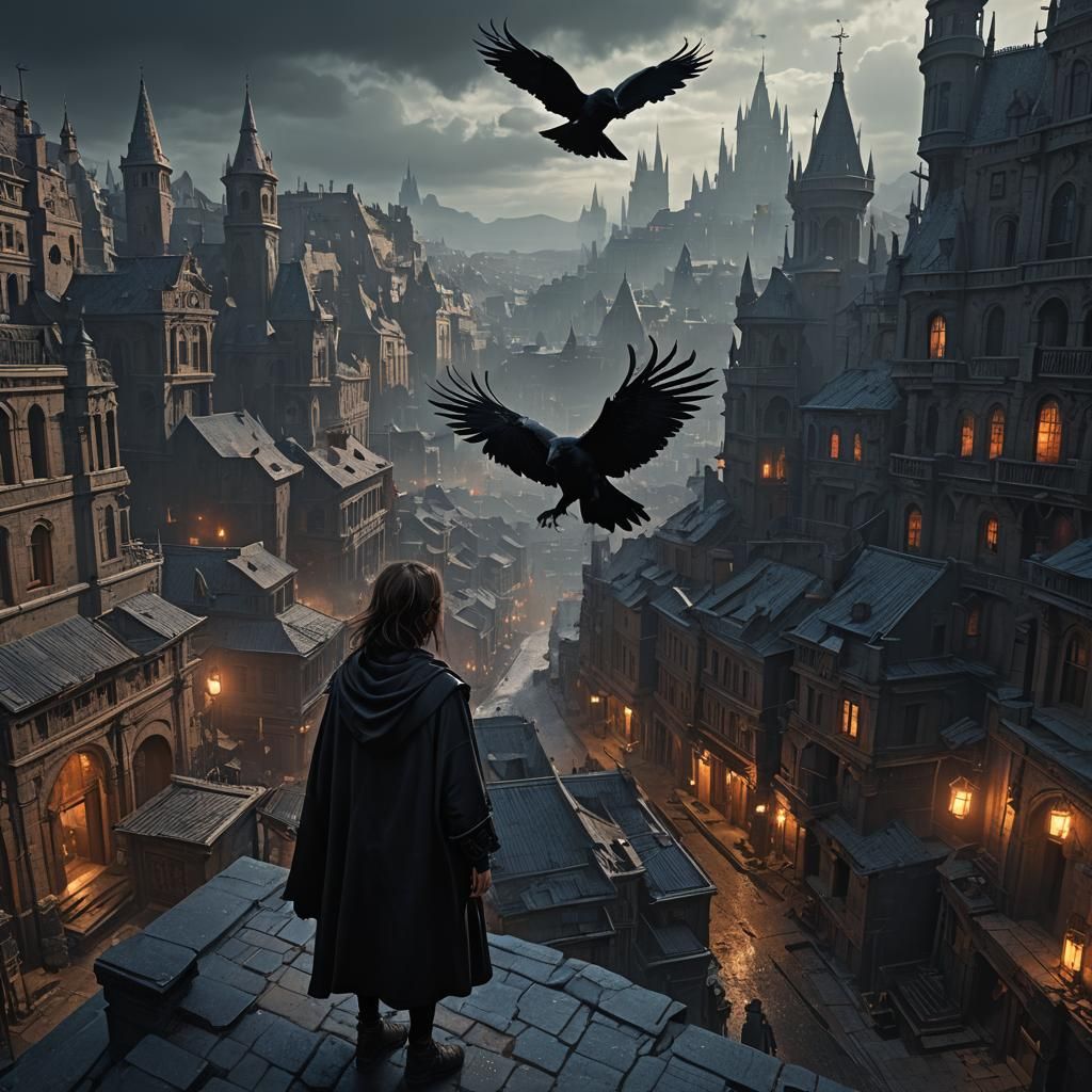 Dark Fantasy Cityscape with Girl and Raven
