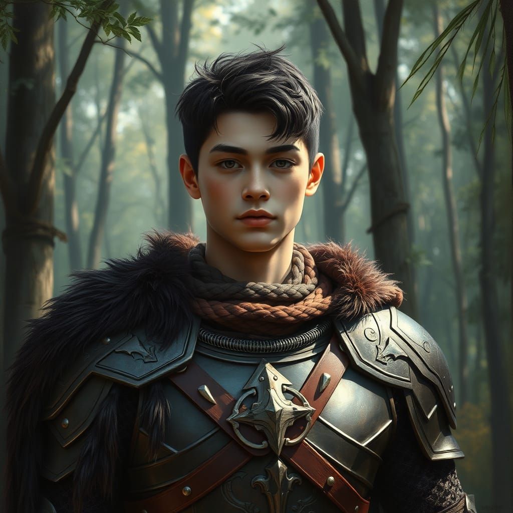 Armored Man in Forest: Realistic Oil Painting