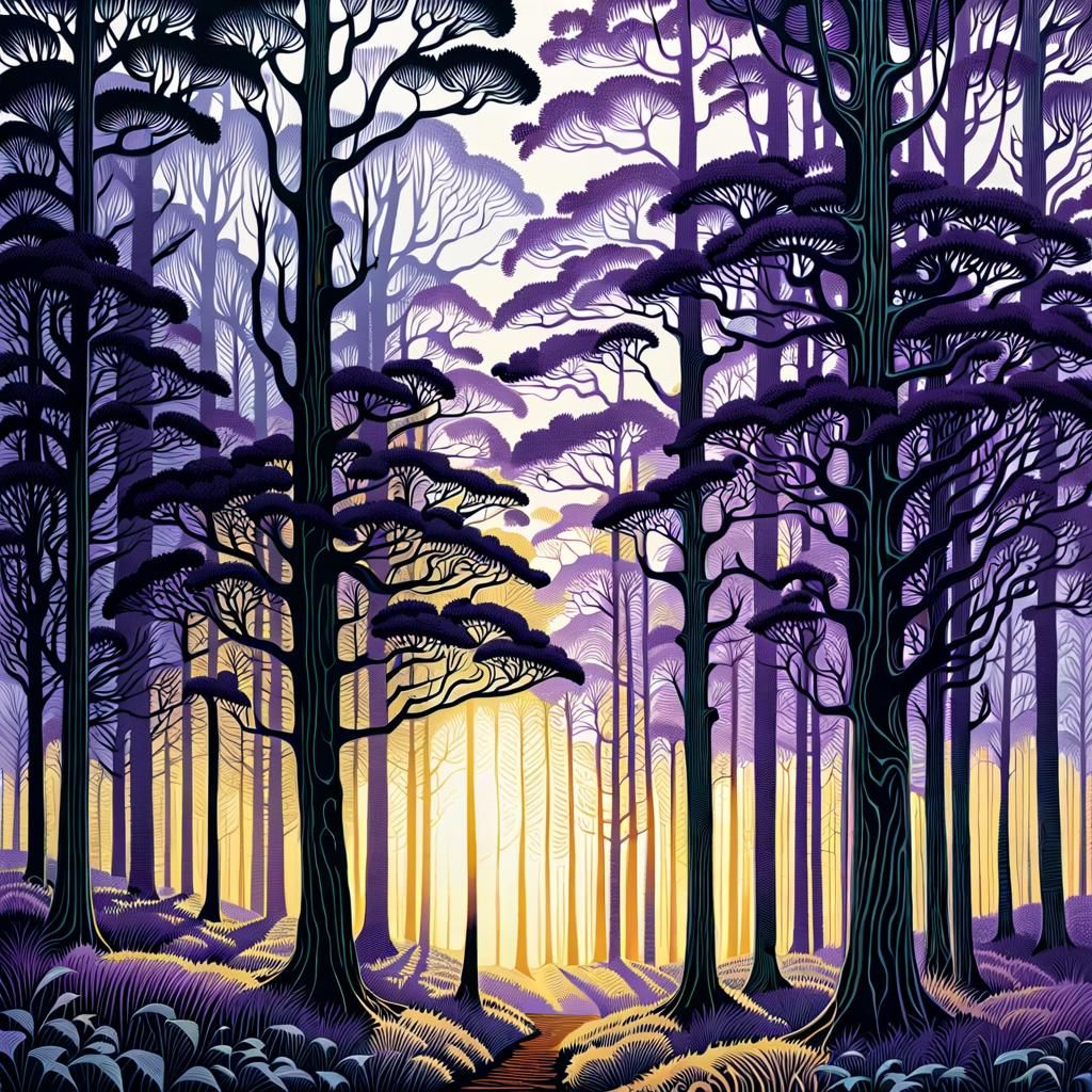 Sunlit Forest Clearing in Detailed Wood Engraving